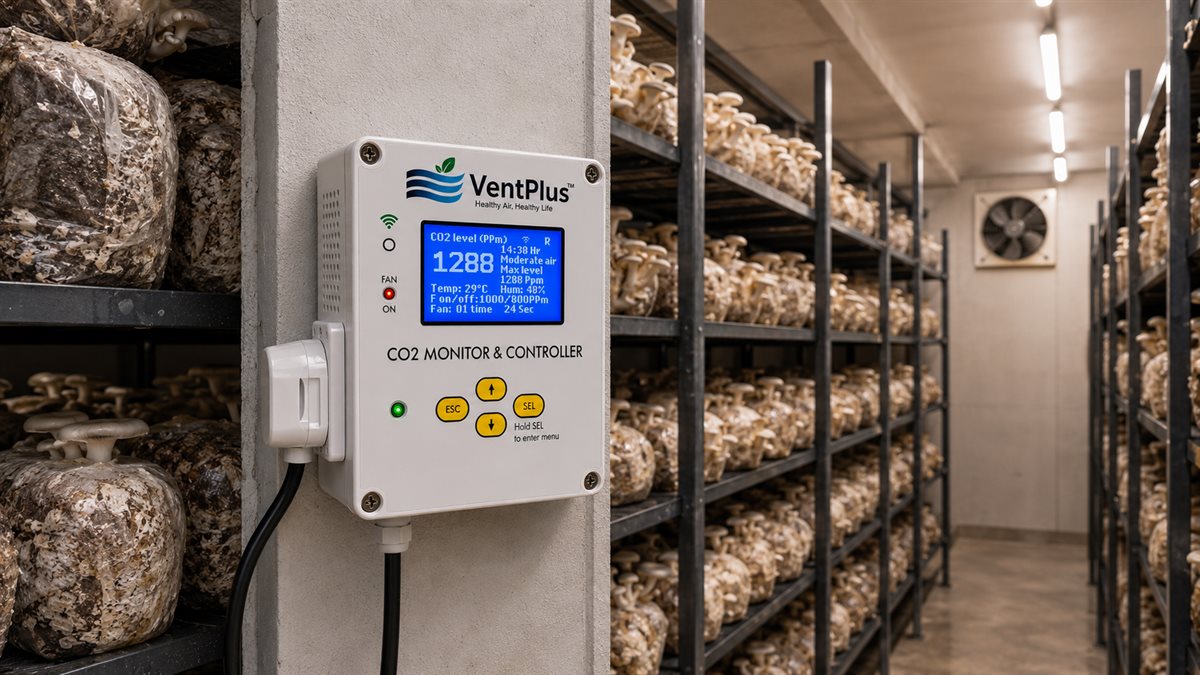 VentPlus CO₂ monitor and controller mounted in a mushroom growing room showing 1288 ppm on the display, beside shelves of oyster mushrooms and an exhaust fan